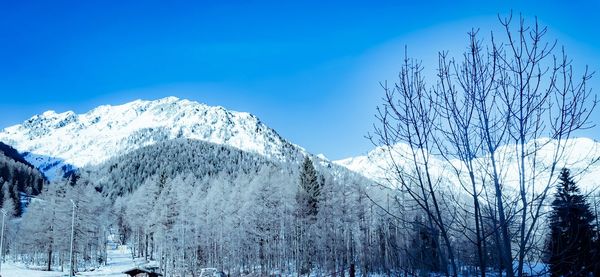 Scenic view of snowcapped mountains against blue sky