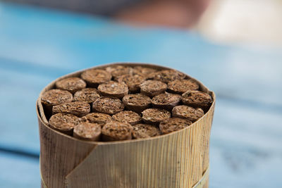 Close-up of bread in container on table