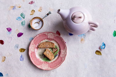 High angle view of breakfast on table