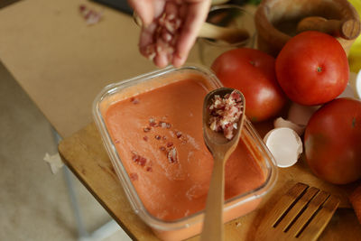 Food ingredients to make salmorejo, a traditional food from cordoba, spain.