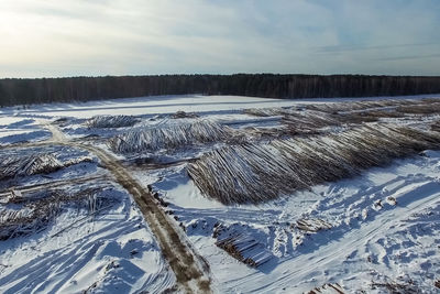 Scenic view of snow covered land against sky