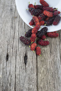 High angle view of strawberries on table