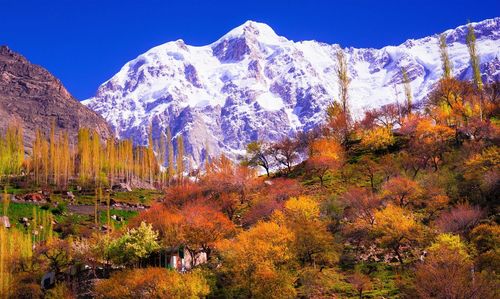 Scenic view of snowcapped mountains during autumn