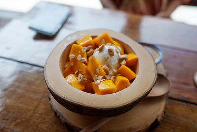 Close-up of food in bowl on table