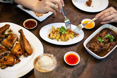 High angle view of food served on table