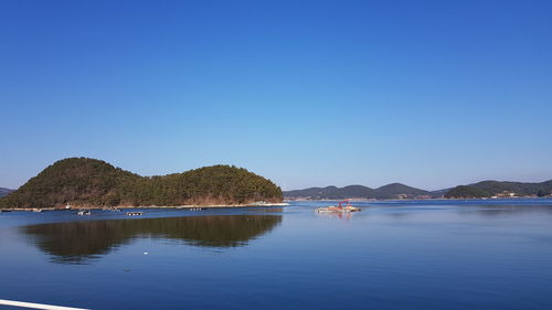 Scenic view of lake against clear blue sky