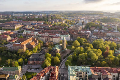 Sweden, vastra gotaland county, gothenburg, aerial view of lorensberg district with vasa church in background