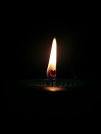 Close-up of lit candle in dark room