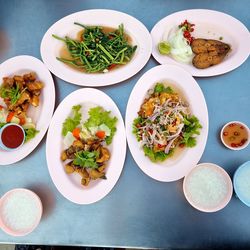 High angle view of food served on table