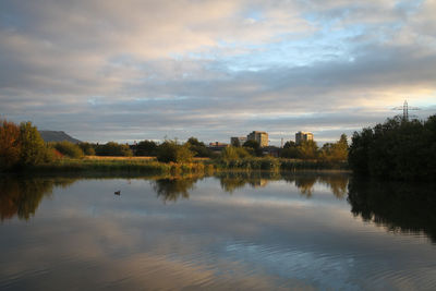 Scenic view of lake against sky at sunset