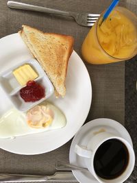 High angle view of breakfast served on table