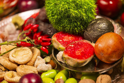 High angle view of strawberries on table