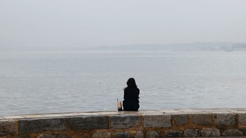 Rear view of woman sitting on retaining wall by sea against clear sky