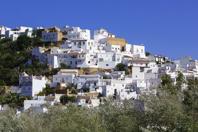 Buildings in city against clear blue sky