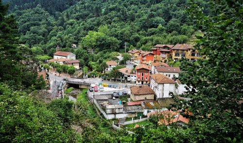 High angle view of buildings in village