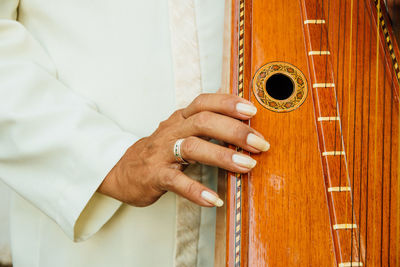 Close-up of person playing harp