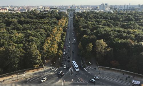 High angle view of street amidst trees in city