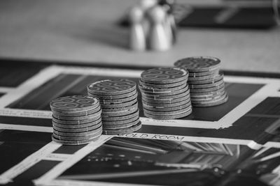 Close-up of coins on table