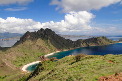 Scenic view of sea and mountains against sky