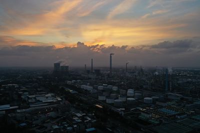 High angle view of cityscape against sky during sunset