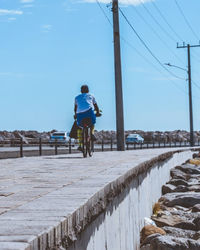 Rear view of man walking on bridge against sky