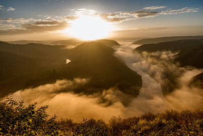 Scenic view of mountains against sky during sunset