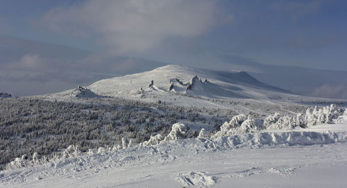 Snow covered landscape against sky