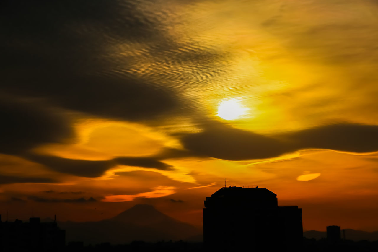 SILHOUETTE OF BUILDINGS AGAINST DRAMATIC SKY