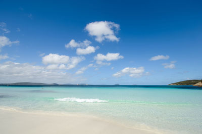 Scenic view of sea against blue sky