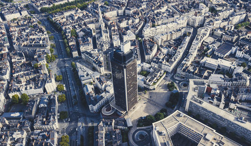 High angle view of city street against buildings