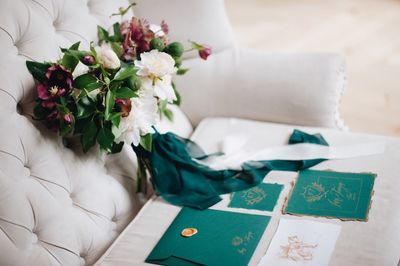 High angle view of white rose on table