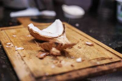 High angle view of chopped bread on cutting board