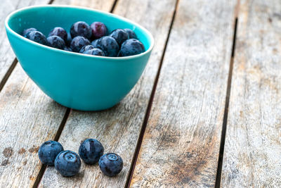 High angle view of fruits in bowl on table
