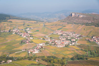 Scenic view of vineyards during autumn. solutré during autumn. beaujolais vines. 