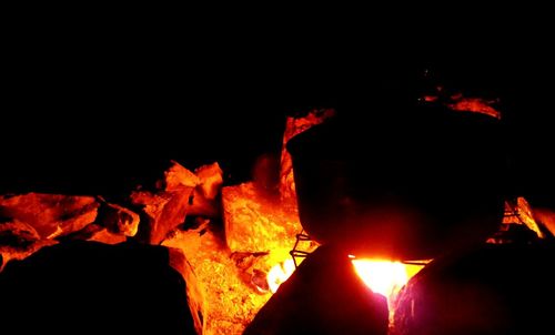 Close-up of illuminated bonfire at night