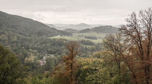 High angle view of trees and mountains against sky