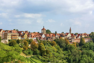 Buildings in town against sky