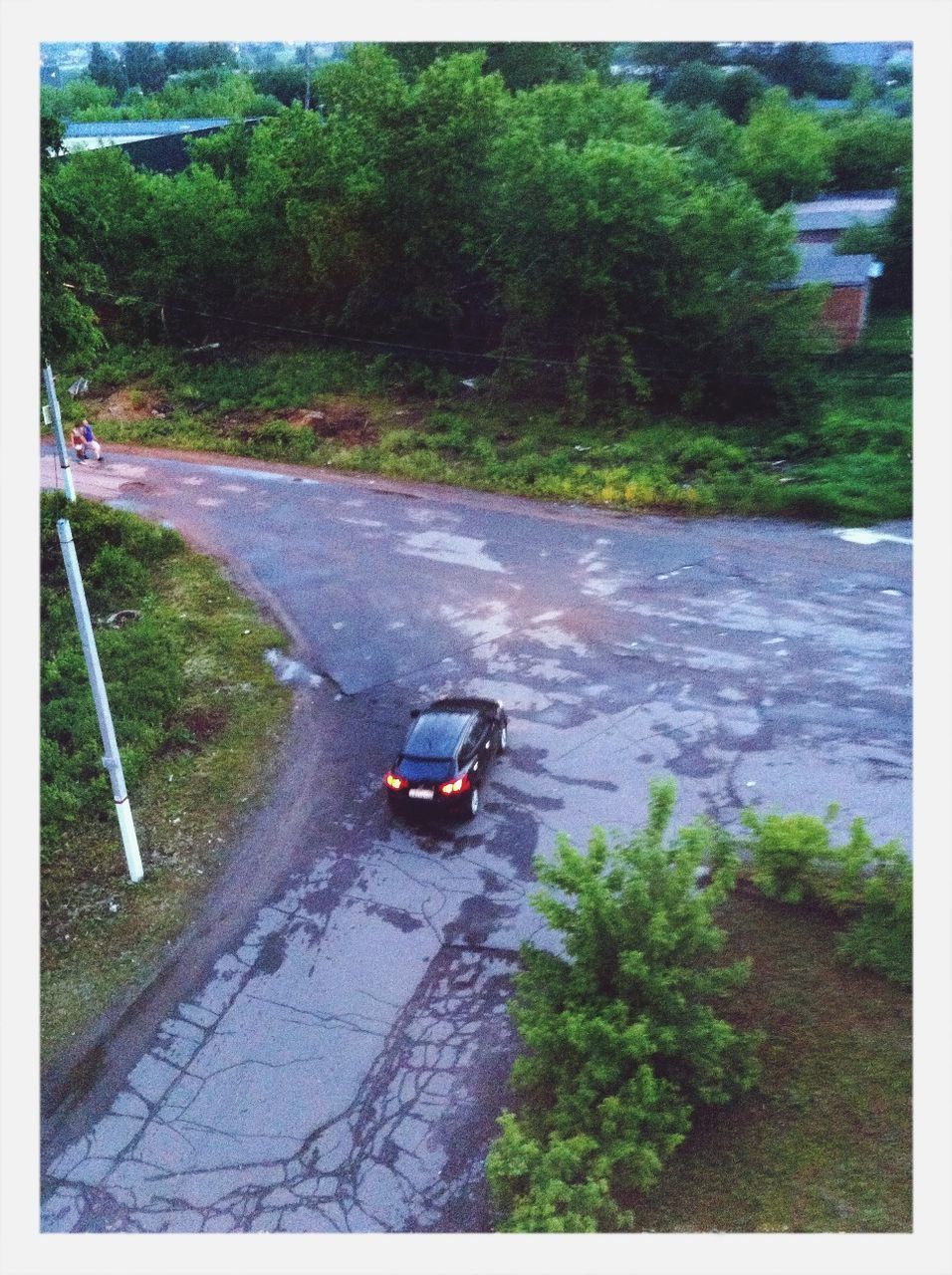 transportation, transfer print, mode of transport, tree, auto post production filter, land vehicle, car, high angle view, on the move, road, nautical vessel, travel, street, growth, day, boat, water, road marking, outdoors, nature