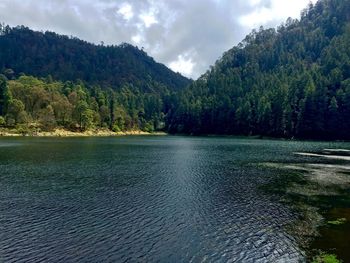 Scenic view of river against cloudy sky