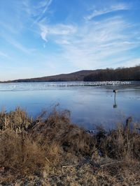 View of lake against blue sky