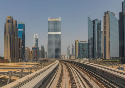 Railroad tracks amidst buildings in city against clear sky