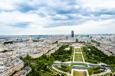 High angle view of buildings in city against sky