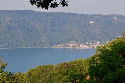 Scenic view of lake and mountains against sky