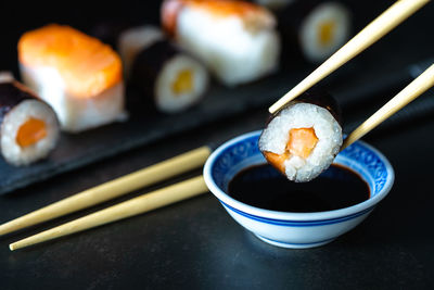 Close-up of sushi in tray