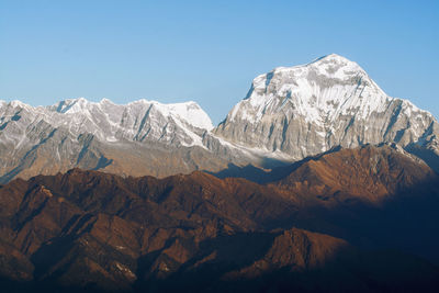 Scenic view of snowcapped mountains against clear sky