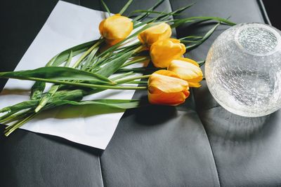 High angle view of roses on table