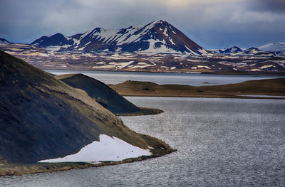 Scenic view of frozen lake against mountain range