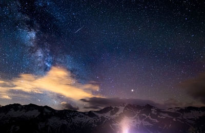 Scenic view of mountains against sky at night