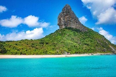 Scenic view of sea and mountains against sky