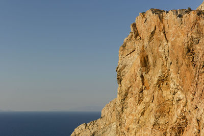 Rock formations by sea against clear blue sky, folegandros , greece